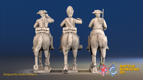 Seven Years’ War Prussian Dragoons Command - Trotting - Set 2 - Command 1, rear view. Supplied unpainted.