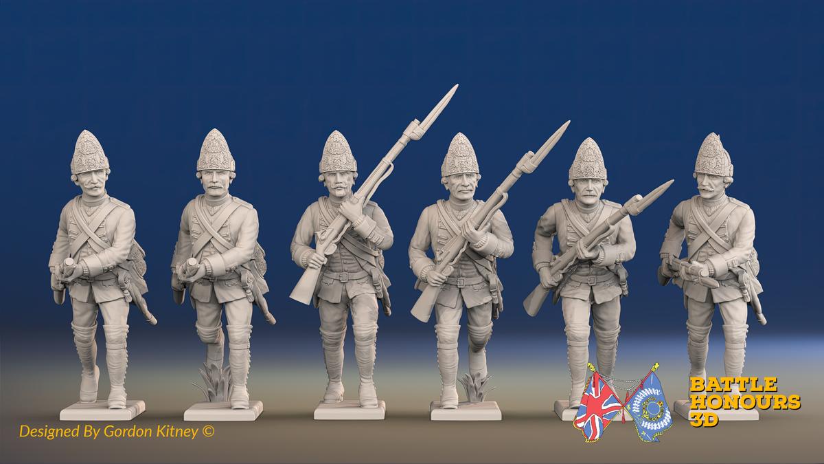 Seven Years’ War Prussian Fusiliers - Charging - Set 2, front view. Supplied unpainted.