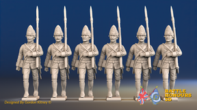 Seven Years’ War Prussian Fusiliers - March Attack - Set 2, front view. Supplied unpainted.