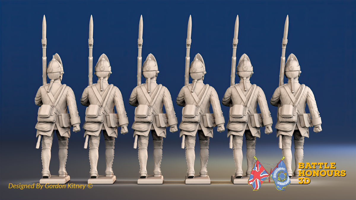 Seven Years’ War Prussian Fusiliers - March Attack - Set 2, rear view. Supplied unpainted.