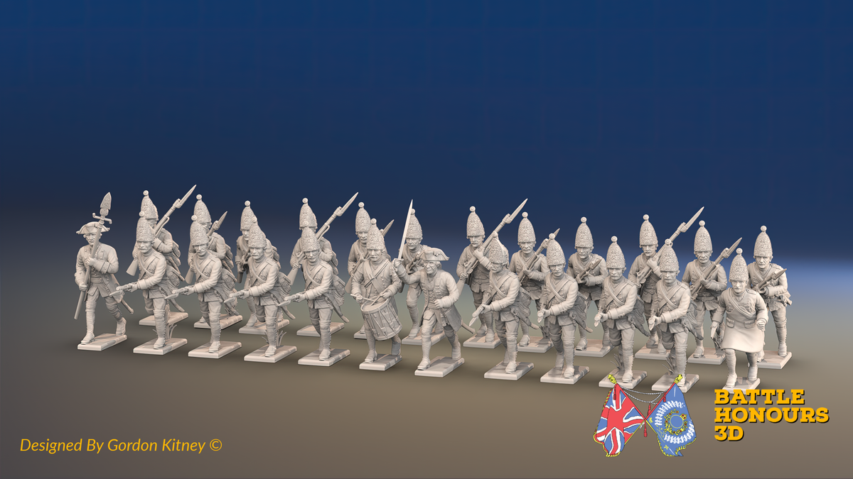 Seven Years’ War Prussian Grenadier Battalion - Charging - Plain Lapels and Straight Lapel Lace - 30 Figures, front view. Supplied unpainted.