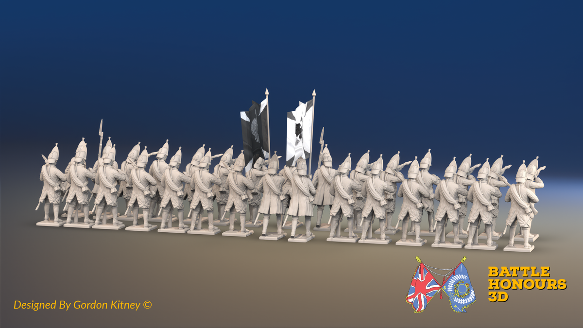 Seven Years’ War Russian Grenadier Battalion - Firing - Winter Uniform - Observation Corps - Rolled Cloaks - 30 Figures, rear view. Supplied unpainted.