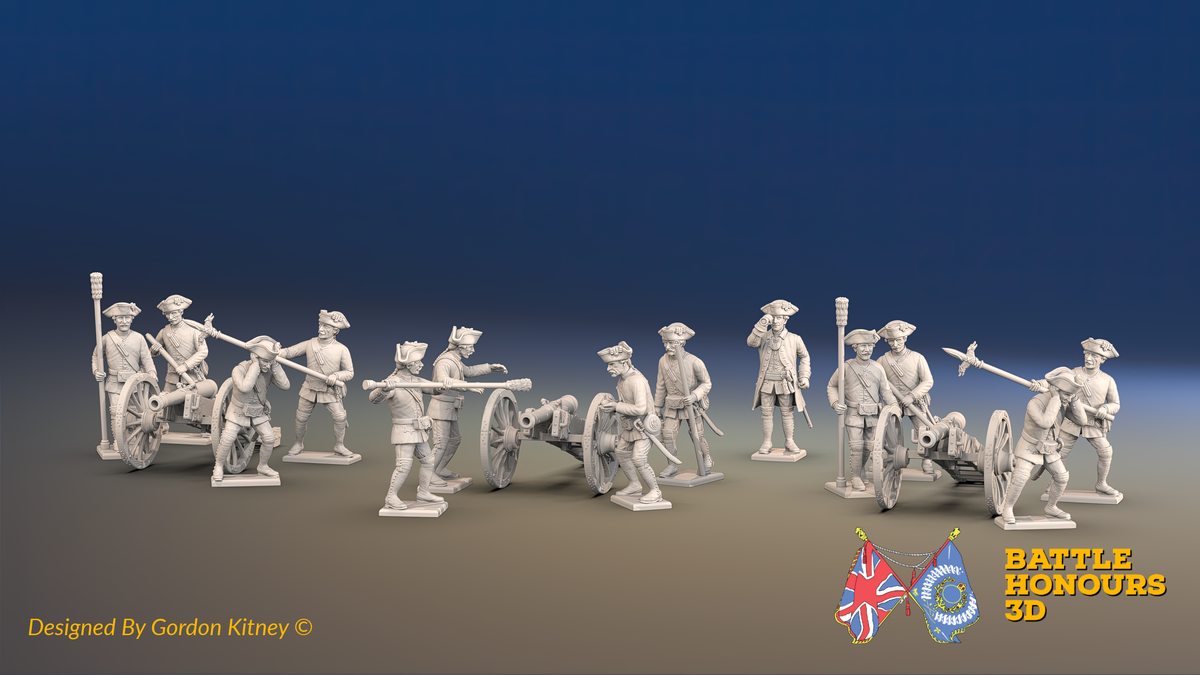 Seven Years’ War Russian Artillery Battery - 6-Pounders - Summer Uniform - 3 Guns and 13 Figures, front view. Supplied unpainted.