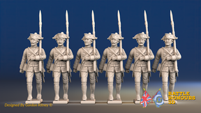 Seven Years’ War Prussian Musketeers - March Attack - Set 2, front view. Supplied unpainted.