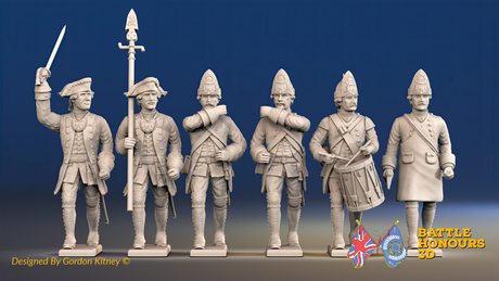Seven Years’ War Prussian Fusiliers Command - March Attack - Set 1, front view. Supplied unpainted.