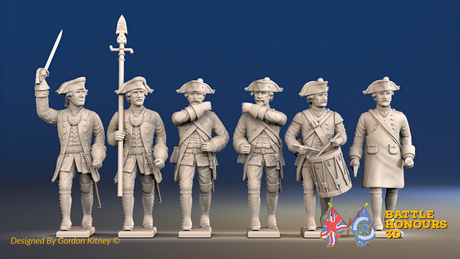 Seven Years’ War Prussian Musketeers Command - March Attack - Set 1, front view. Supplied unpainted.