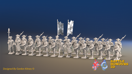 Seven Years’ War Prussian Musketeer Battalion - Charging - Set 15 - 30 Figures, front view. Supplied unpainted.