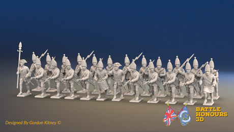 Seven Years’ War Prussian Grenadier Battalion - Charging - Set 2 and 4 - 24 Figures, front view. Supplied unpainted.