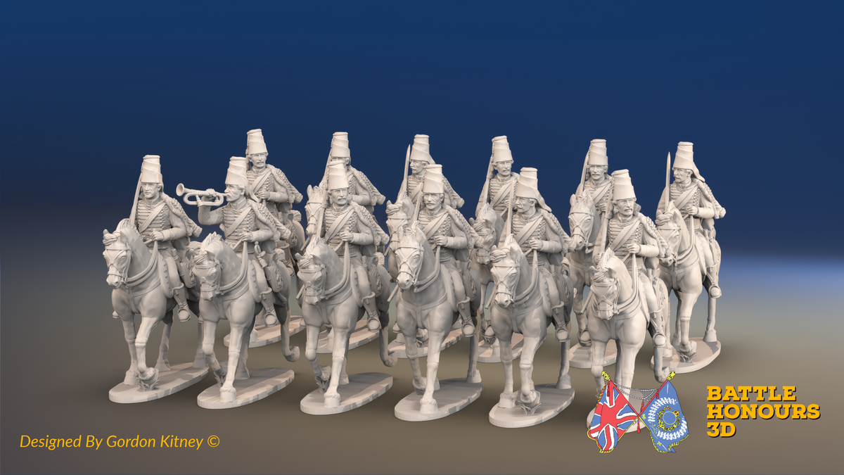 Seven Years’ War Prussian Hussar Regiment - Trotting - Plain Mirlitons - 12 Mounted Figures, front view. Supplied unpainted.