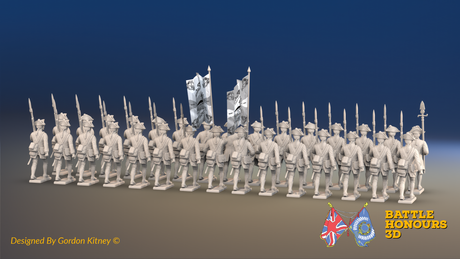 Seven Years’ War Prussian Musketeer Battalion - March Attack - Set 3 - 30 Figures, rear view. Supplied unpainted.