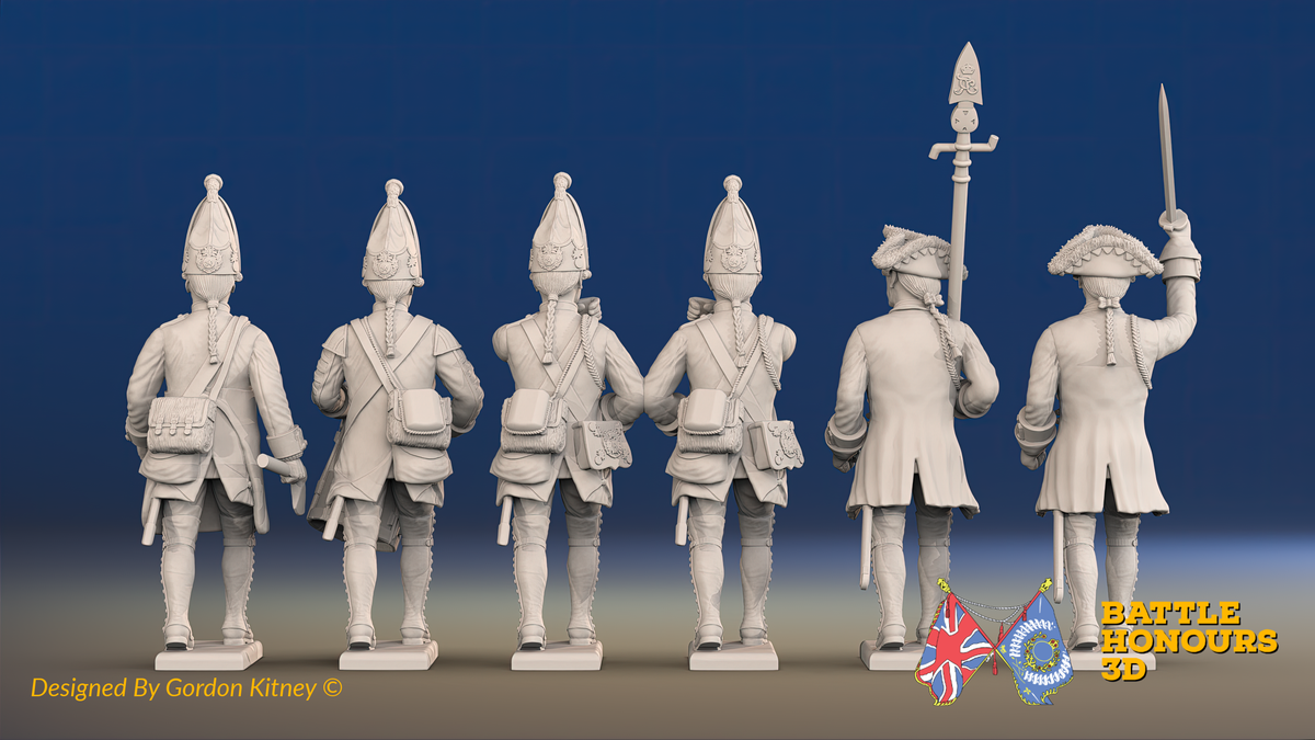 Seven Years’ War Prussian Grenadiers Command - March Attack - Set 15, rear view. Supplied unpainted.
