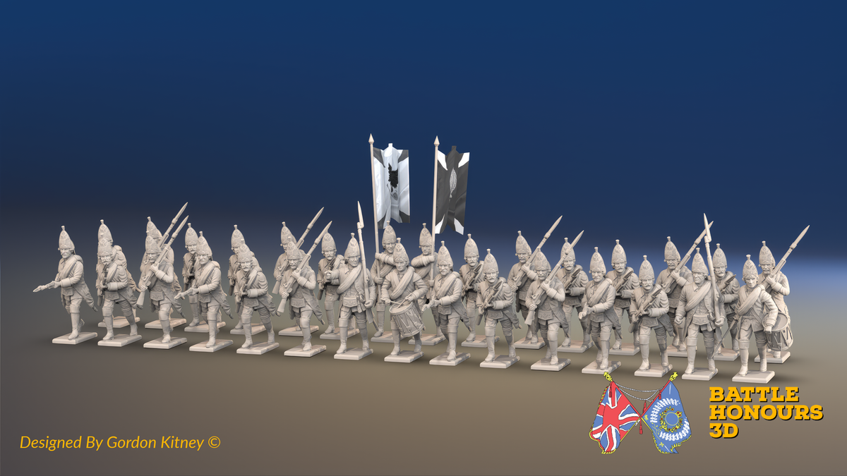 Seven Years’ War Russian Grenadier Battalion - Advancing - Winter Uniform - Observation Corps - Rolled Cloaks - 30 Figures, front view. Supplied unpainted.
