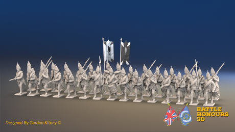 Seven Years’ War Russian Grenadier Battalion - Advancing - Winter Uniform - Observation Corps - Rolled Coats - 30 Figures, front view. Supplied unpainted.