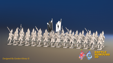 Seven Years’ War Russian Grenadier Battalion - Advancing - Winter Uniform - Observation Corps - Rolled Coats - 30 Figures, rear view. Supplied unpainted.