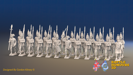 Seven Years’ War Prussian Grenadier Battalion, front render; 24 figures in march attack poses. Supplied unpainted.