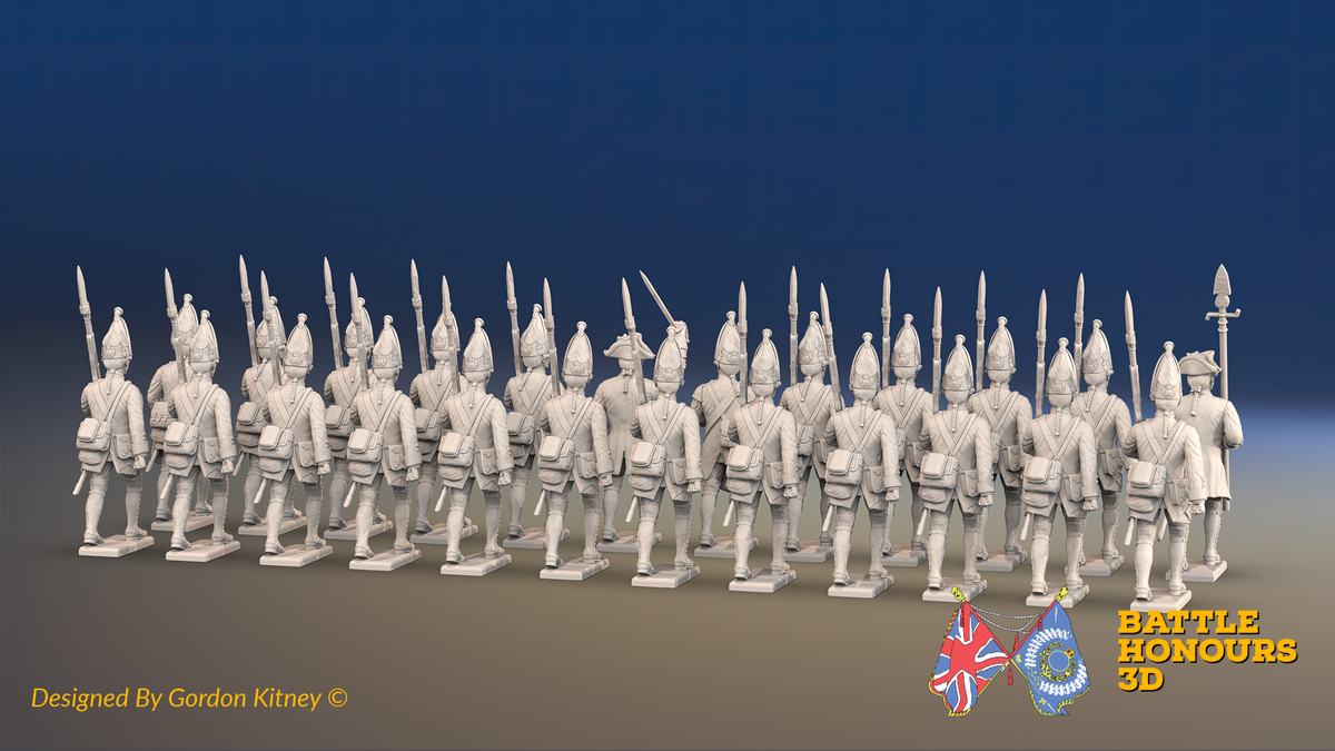 Seven Years’ War Prussian Grenadier Battalion - March Attack - Plain Lapels and Straight Lapel Lace - 30 Figures, rear view. Supplied unpainted.