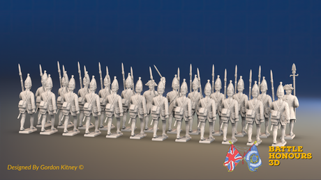 Seven Years’ War Prussian Grenadier Battalion, rear render; 24 figures in march attack poses. Supplied unpainted.
