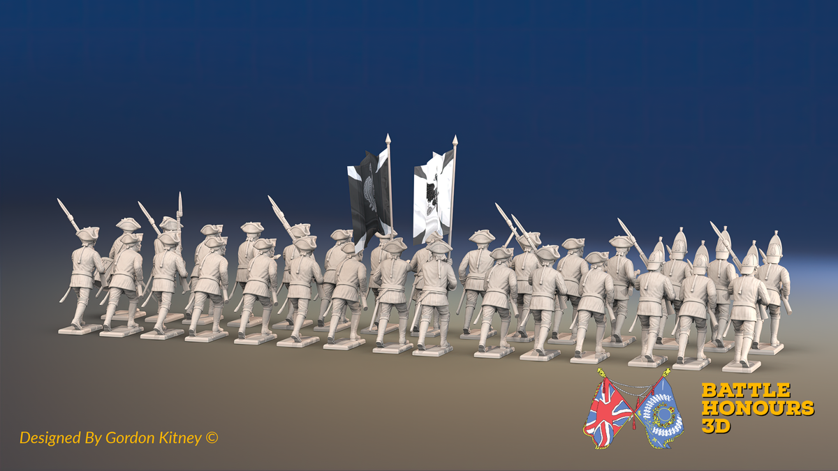 Seven Years’ War Russian Musketeer Battalion - Advancing - Summer Uniform - Observation Corps - 30 Figures, rear view. Supplied unpainted.