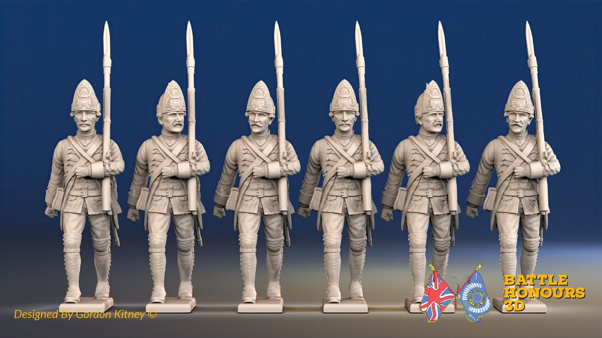 Seven Years’ War Prussian Fusiliers - March Attack - Set 3, front view. Supplied unpainted.