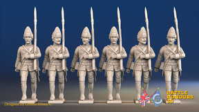 Seven Years’ War Prussian Fusiliers - March Attack - Set 3, front view. Supplied unpainted.