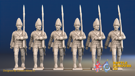 Seven Years’ War Prussian Fusiliers - March Attack - Set 3, front view. Supplied unpainted.