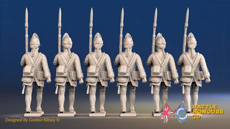 Seven Years’ War Prussian Fusiliers - March Attack - Set 3, rear view. Supplied unpainted.