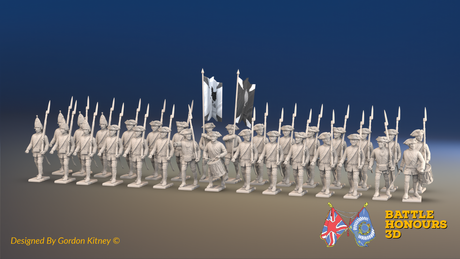 Seven Years’ War Russian Musketeer Battalion - March Attack - Summer Uniform - 30 Figures, front view. Supplied unpainted.