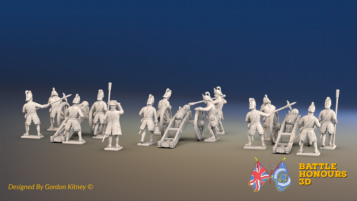 Seven Years’ War Russian Artillery Battery - Secret Howitzers - Winter Uniform - 3 Guns and 13 Figures, front view. Supplied unpainted.
