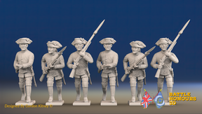 Seven Years’ War Russian Musketeers - Advancing - Summer Uniform - Observation Corps, front view. Supplied unpainted.