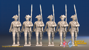 Seven Years’ War Prussian Garrison Musketeers - March Attack - Set 4, front view. Supplied unpainted.