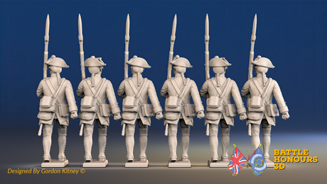 Seven Years’ War Prussian Garrison Musketeers - March Attack - Set 4, rear view. Supplied unpainted.