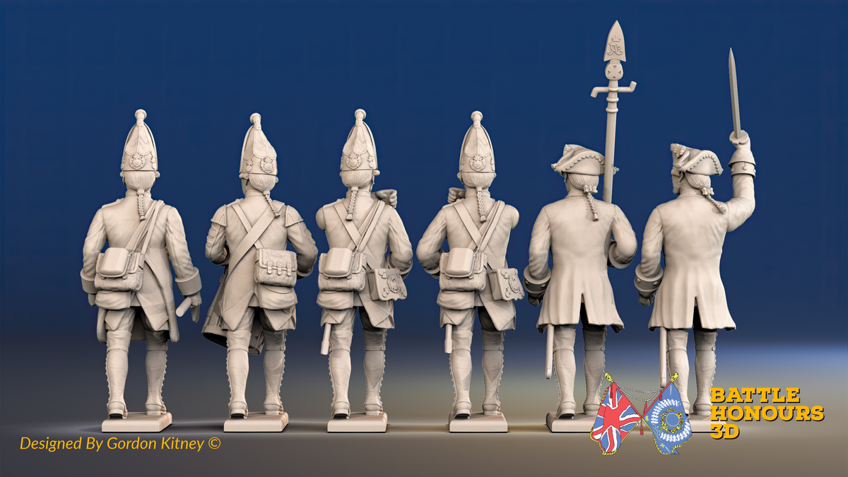 Seven Years’ War Prussian Grenadiers Command - March Attack - Plain Lapels, rear view. Supplied unpainted.