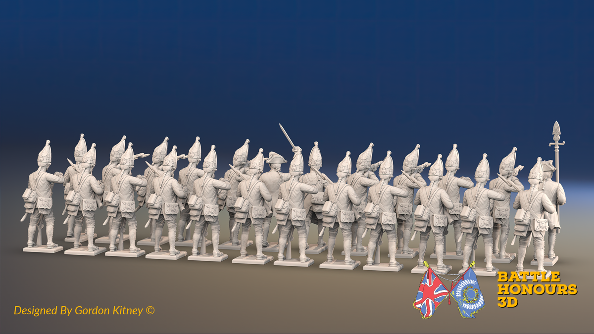 Seven Years’ War Prussian Grenadier Battalion - Firing Line - Plain Lapels and Coats Without Lapels - 30 Figures, rear view. Supplied unpainted.
