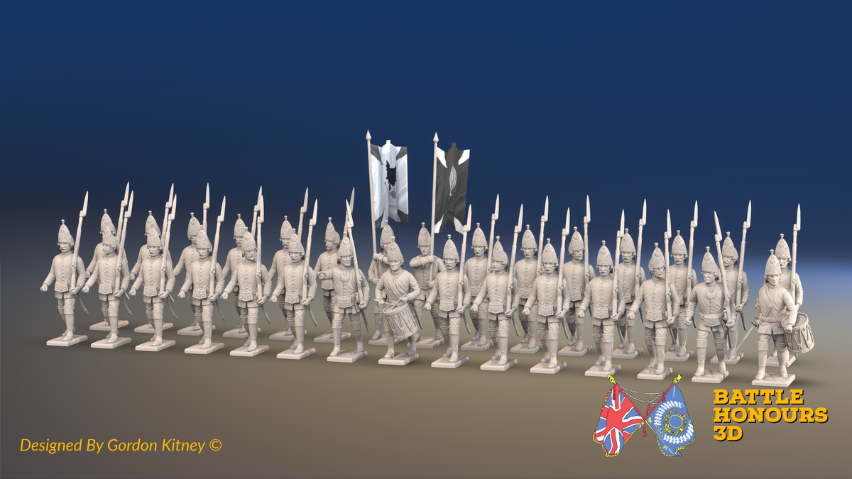 Seven Years’ War Russian Grenadier Battalion - March Attack - Summer Uniform - Observation Corps - 30 Figures, front view. Supplied unpainted.