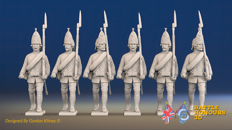 Seven Years’ War Russian Grenadiers - March Attack - Summer Uniform - Rolled Coats, front view. Supplied unpainted.