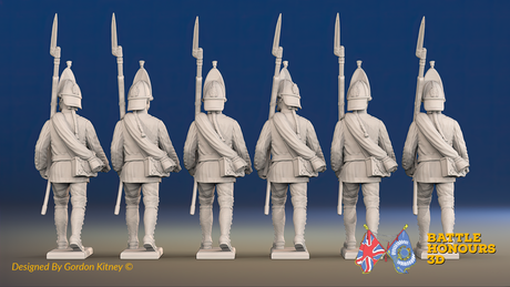 Seven Years’ War Russian Grenadiers - March Attack - Summer Uniform - Rolled Coats, rear view. Supplied unpainted.