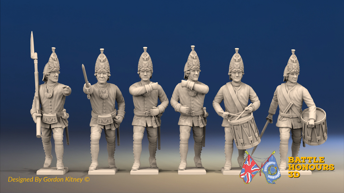 Seven Years’ War Russian Grenadiers Command - Advancing - Summer Uniform, front view. Supplied unpainted.