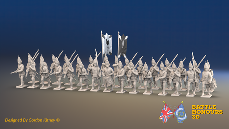 Seven Years’ War Russian Grenadier Battalion - Advancing - Summer Uniform - 30 Figures, front view. Supplied unpainted.
