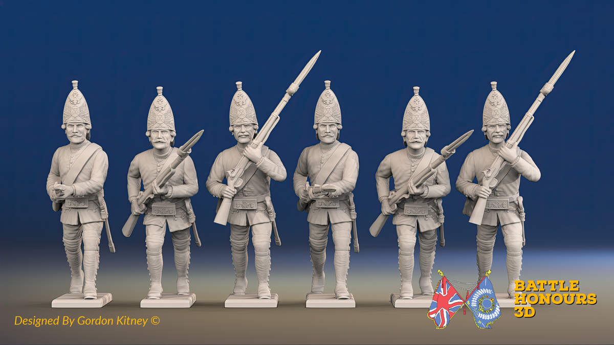 Seven Years’ War Russian Grenadiers - Advancing - Summer Uniform, front view. Supplied unpainted.