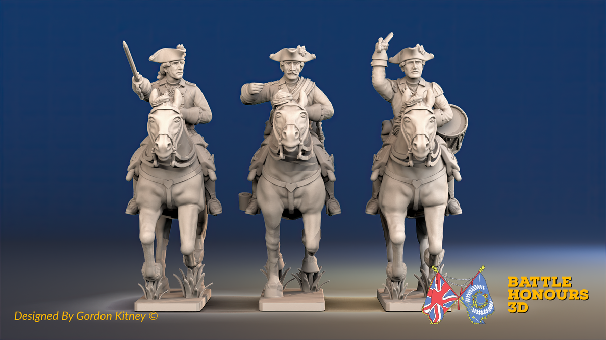 Seven Years’ War Prussian Dragoons Command - Galloping - Set 1 - Command 2, front view. Supplied unpainted.
