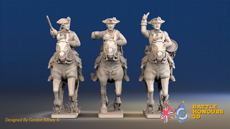 Seven Years’ War Prussian Dragoons Command - Galloping - Set 1 - Command 2, front view. Supplied unpainted.