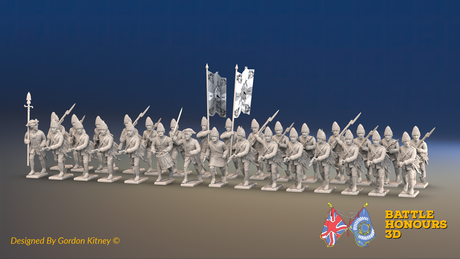 Seven Years’ War Prussian Fusilier Battalion - Charging - Set 3 - 30 Figures, front view. Supplied unpainted.