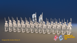 Seven Years’ War Prussian Musketeer Battalion - March Attack - Set 1 - 30 Figures, rear view. Supplied unpainted.