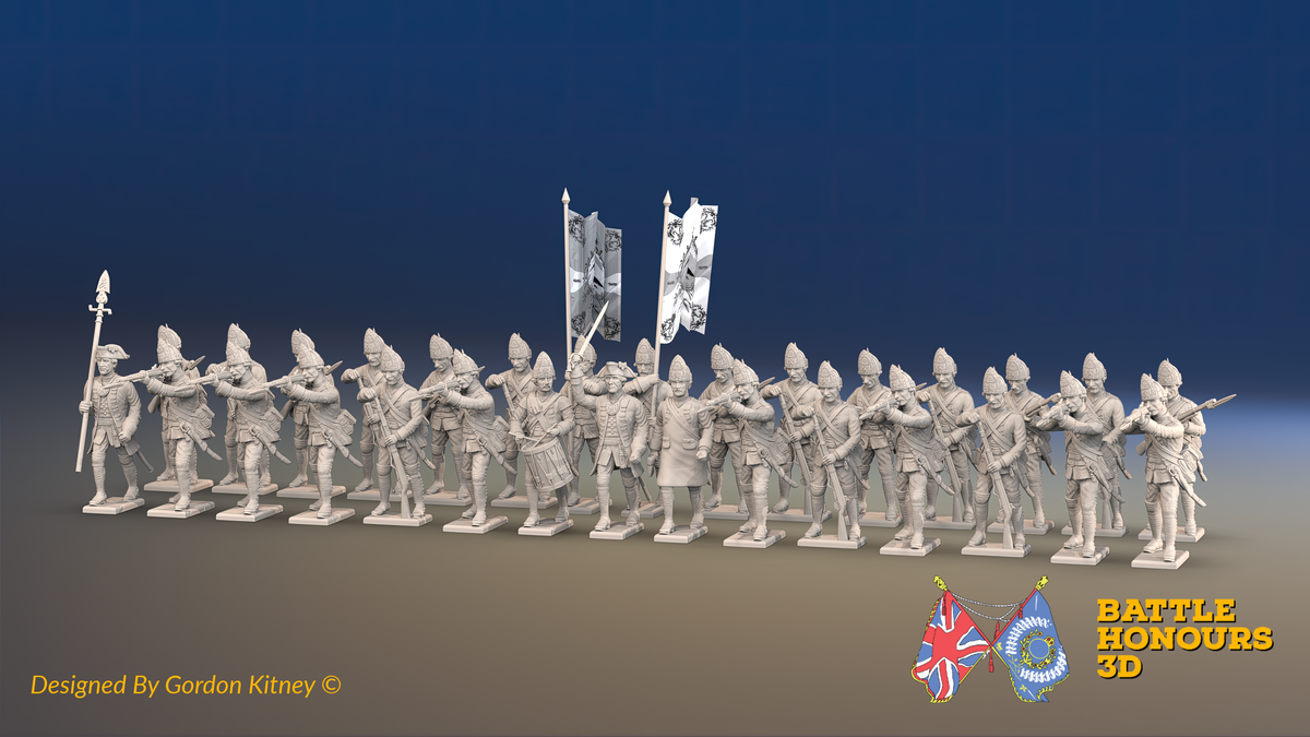 Seven Years’ War Prussian Fusilier Battalion - Firing Line - Set 2 - 30 Figures, front view. Supplied unpainted.