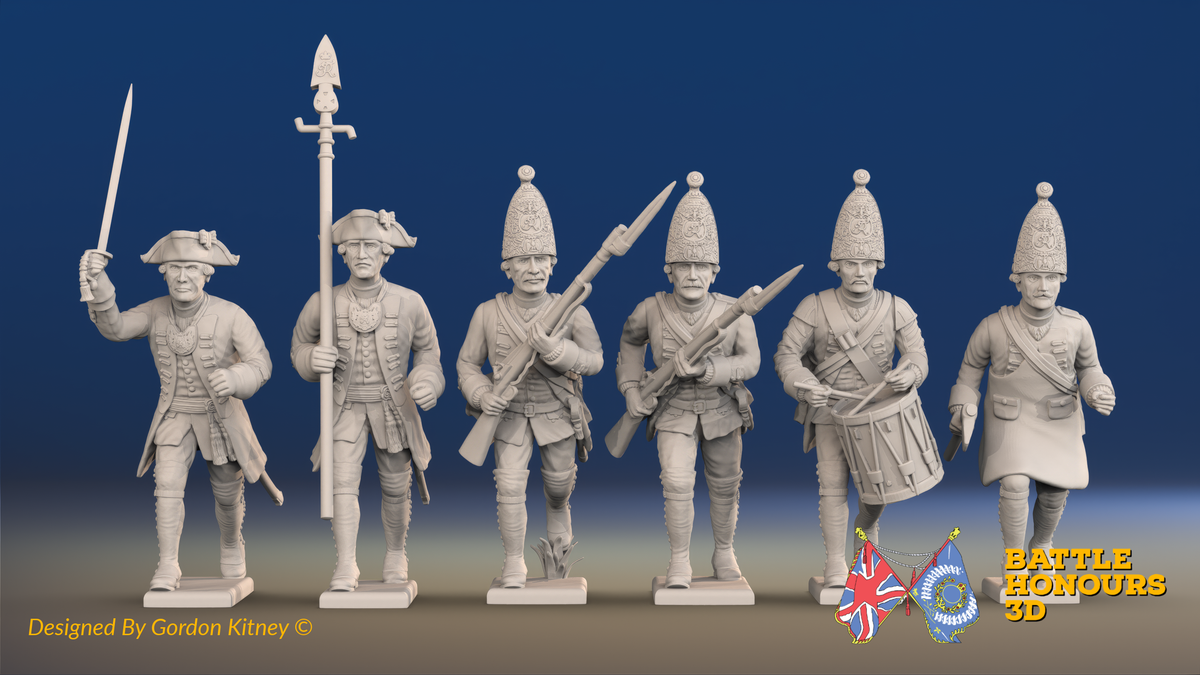 Seven Years’ War Prussian Grenadiers Command - Charging - Straight Lapel Lace, front view. Supplied unpainted.