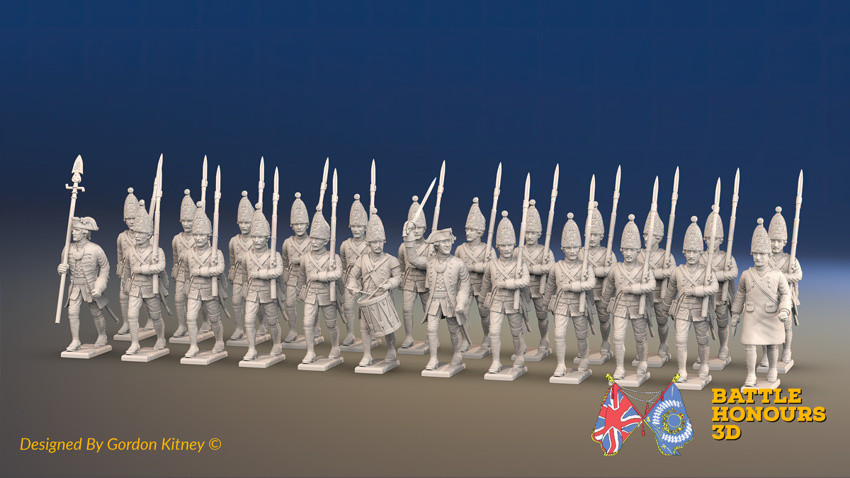 Seven Years’ War Prussian Grenadier Battalion - March Attack - Set 1 and 4 - 24 Figures, front view. Supplied unpainted.
