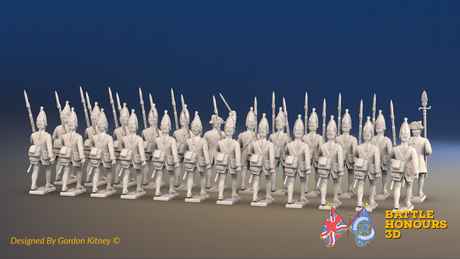 Seven Years’ War Prussian Grenadier Battalion - March Attack - Set 1 and 4 - 24 Figures, rear view. Supplied unpainted.