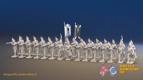 Seven Years’ War Russian Grenadier Battalion - Firing - Summer Uniform - Observation Corps - Rolled Coats - 30 Figures, front view. Supplied unpainted.