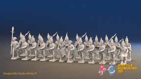 Seven Years’ War Prussian Grenadier Battalion - Charging - Straight Lapel Lace and Pointed Lapel Lace - 24 Figures, front view. Supplied unpainted.