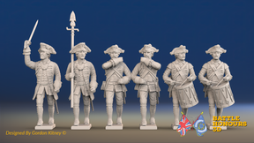 Seven Years’ War Prussian Musketeers Command - March Attack - Set 15, front view. Supplied unpainted.